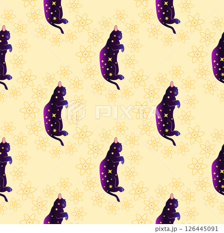 Mystical seamless pattern of cats in boho style, silhouette collection. Witchcraft and magic 126445091