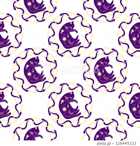 Mystical seamless pattern of cats in boho style, silhouette collection. Witchcraft and magic 126445111