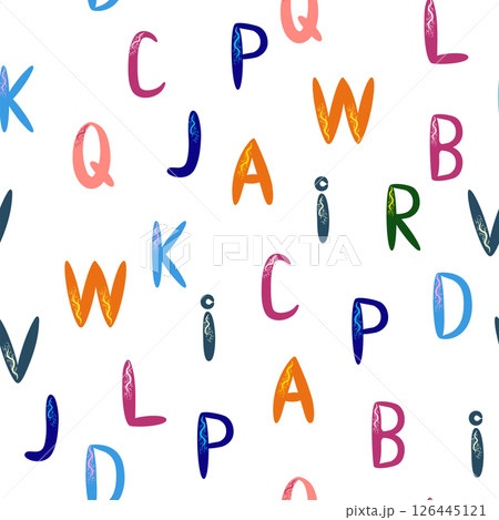ABC seamless pattern in simple cartoon style. Cute alphabet print - hand drawn childish seamless pattern design 126445121