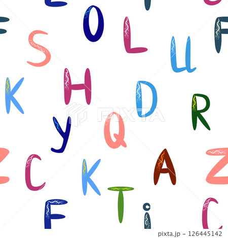 ABC seamless pattern in simple cartoon style. Cute alphabet print - hand drawn childish seamless pattern design 126445142