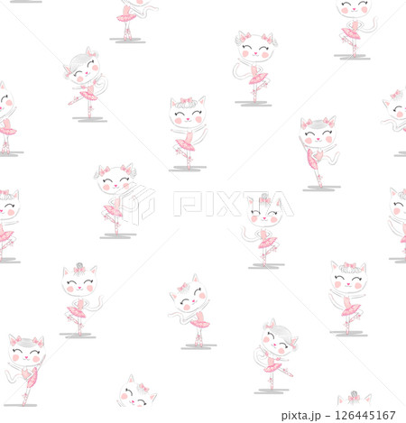 Cute ballerina cat dancing ballet in pink tutu seamless pattern. 126445167