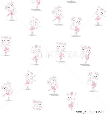 Cute ballerina cat dancing ballet in pink tutu seamless pattern. 126445168