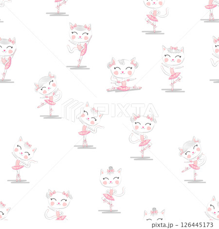 Cute ballerina cat dancing ballet in pink tutu seamless pattern. 126445173