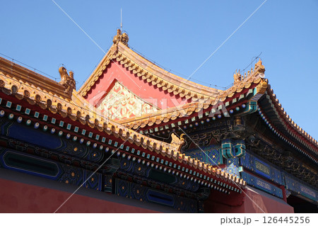 Tiled roof and facade decorated with a Chinese pattern. Palace in The Forbidden City, Beijing. Tiled roof and facade decorated with a Chinese pattern. Palace in The Forbidden City, Beijing. 126445256