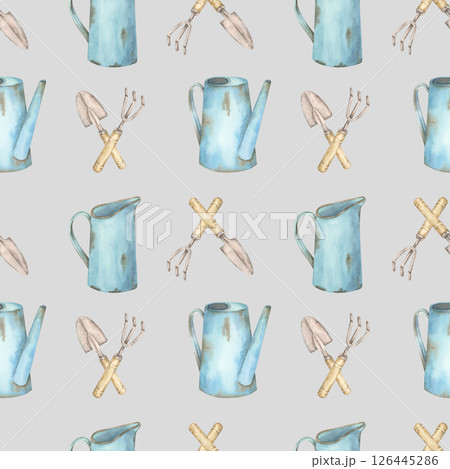 Gardening tools in neutral colors with blue watering can on taupe background form a soft watercolor clipart seamless pattern, perfect for eco stationery, seed boxes, or product wraps. Gardening tools in neutral colors with blue watering can on taupe background form a soft watercolor clipart seamless pattern, perfect for eco stationery, seed boxes, or product wraps. 126445286