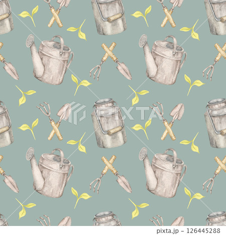 Watering cans, tools, and sprouts in soft earthy tones on sage green background in a seamless watercolor pattern. Gardening clipart perfect for tote bags, notebook covers, or eco-themed wrapping Watering cans, tools, and sprouts in soft earthy tones on sage green background in a seamless watercolor pattern. Gardening clipart perfect for tote bags, notebook covers, or eco-themed wrapping 126445288