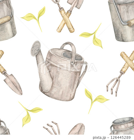 Pale green leaves, garden tools, and watering cans in watercolor clipart. Gardening elements seamless pattern illustration, great for digital planners, seed packet design, or greenhouse decor prints. 126445289