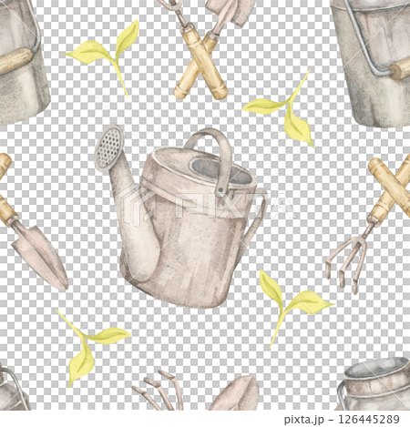 Pale green leaves, garden tools, and watering cans in watercolor clipart. Gardening elements seamless pattern illustration, great for digital planners, seed packet design, or greenhouse decor prints. 126445289