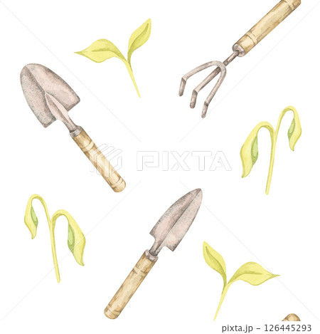 Gardening Hand tools and green seedlings. Vintage Trowel, fork, sprouts watercolor clipart seamless pattern, ideal for eco-friendly packaging, garden-themed textiles, or botanical wrapping paper Gardening Hand tools and green seedlings. Vintage Trowel, fork, sprouts watercolor clipart seamless pattern, ideal for eco-friendly packaging, garden-themed textiles, or botanical wrapping paper 126445293