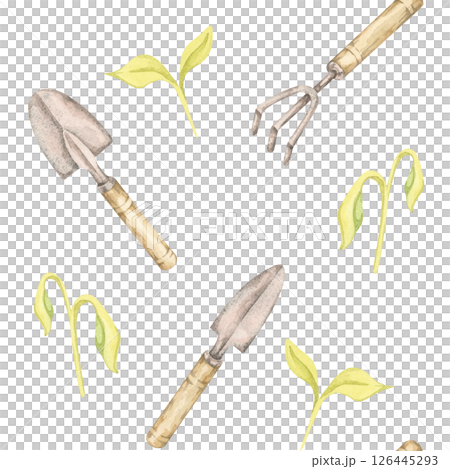 Gardening Hand tools and green seedlings. Vintage Trowel, fork, sprouts watercolor clipart seamless pattern, ideal for eco-friendly packaging, garden-themed textiles, or botanical wrapping paper Gardening Hand tools and green seedlings. Vintage Trowel, fork, sprouts watercolor clipart seamless pattern, ideal for eco-friendly packaging, garden-themed textiles, or botanical wrapping paper 126445293