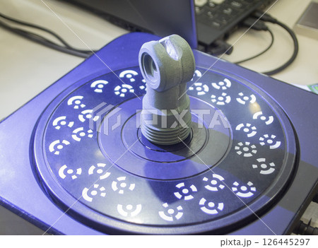 3D Scanning object. Three-dimensional scanner with laser volumetric scanning surface of object for prototyping. High precision new innovation modern technology equipment. Science accuracy. 126445297