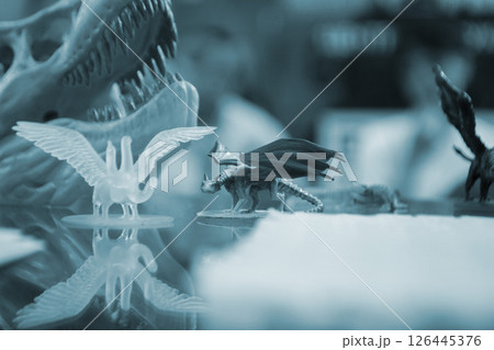 Detailed models in different form printed on 3D printer from polymer close-up. Detailed object created by 3D printer using 3D printing method. Concept 3D Printing. SLA printing technology. Blue color 126445376