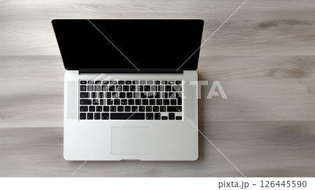 木目デスクとノートパソコンの真上構図・シンプルで洗練されたワークスペース背景 木目デスクとノートパソコンの真上構図・シンプルで洗練されたワークスペース背景 126445590