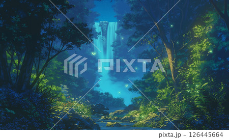滝がある夜のジャングルの風景、アニメ風 126445664