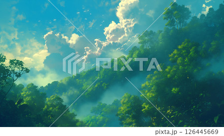 木々と雲のジャングルの風景、アニメ風 126445669