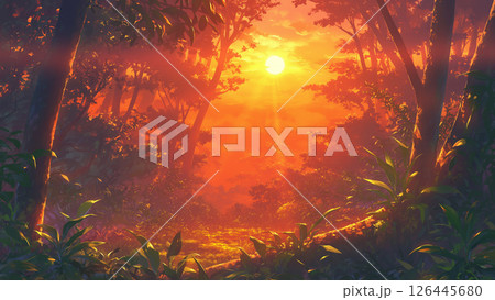 夕日のジャングルの風景、アニメ風 夕日のジャングルの風景、アニメ風 126445680