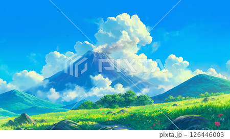巨大な雲がある火山の風景、アニメ風 126446003