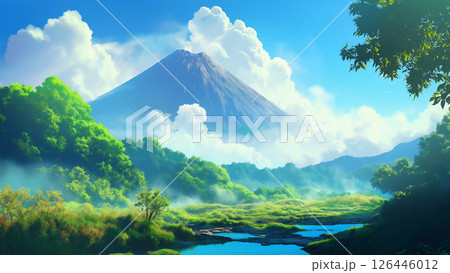 夏の火山の風景、アニメ風 126446012