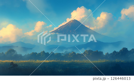 うっすらと霧がかかった火山の風景、アニメ風 126446013