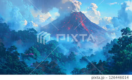 雨の日の火山の風景、アニメ風 126446014