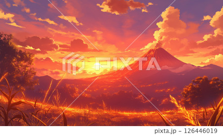 夕方の火山の風景、アニメ風 126446019