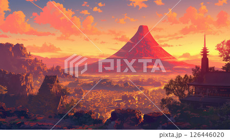夕焼けの火山の風景、アニメ風 126446020