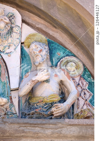 Saint on the portal of the Saint Joseph church in Lucca, Italy 126446127