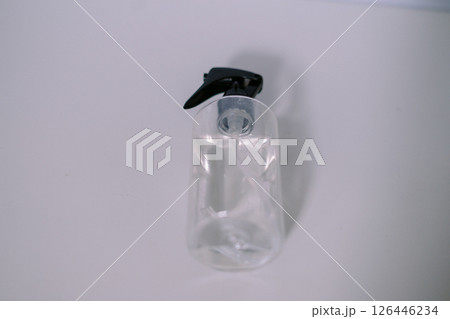 Clear Spray Bottle with Black Nozzle, Minimalist Composition Clear Spray Bottle with Black Nozzle, Minimalist Composition 126446234