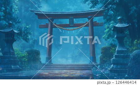 雨の鳥居の風景、アニメ風 126446414