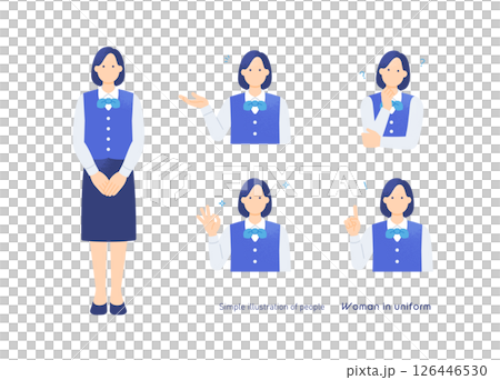 A woman in uniform. Illustration of a reception staff member at a hotel front desk or concierge. 126446530