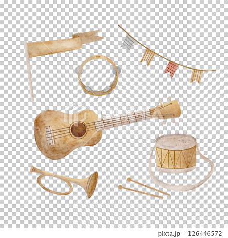 Watercolor illustration musical instruments, guitar, drum, trumpet, tambourine, garland, flag. Hand drawing isolated on background in retro style for the design of postcards, posters, birthday holiday Watercolor illustration musical instruments, guitar, drum, trumpet, tambourine, garland, flag. Hand drawing isolated on background in retro style for the design of postcards, posters, birthday holiday 126446572