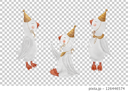 Watercolor baby geese, goslings in a party cap, different poses. Illustration hand-drawn isolated on background in a children's style for design postcards, posters, dishes, clothes, birthday, holiday 126446574