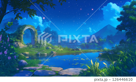 遺跡がある湿地の風景、アニメ風 126446610