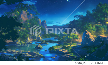 夜の緩やかな流れの川の風景、アニメ風 126446612