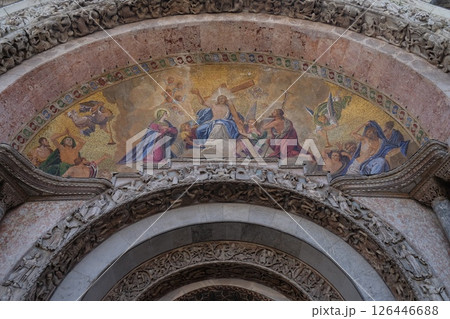 Christ in glory, bezel greater arch, the facade of the Saint Mark basilica, Venice, Italy 126446688