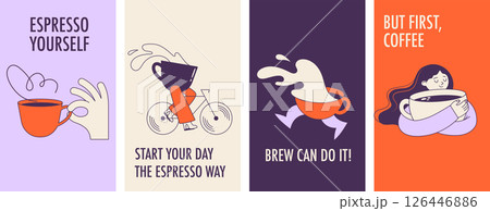 Hand drawn coffee quote posters with cute cartoon characters Hand drawn coffee quote posters with cute cartoon characters 126446886