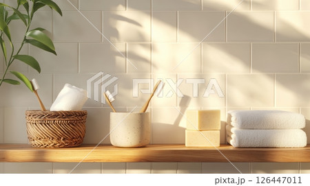 Natural bathroom setting with bamboo toothbrushes and soft sunlight on textured tile background creating a cozy and eco-friendly ambiance. Spa accessory composition set in spa hotel Natural bathroom setting with bamboo toothbrushes and soft sunlight on textured tile background creating a cozy and eco-friendly ambiance. Spa accessory composition set in spa hotel 126447011