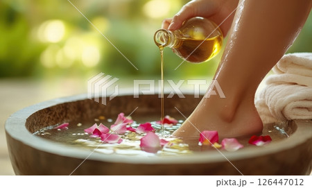 Female relaxing foot spa with aromatherapy oils and rose petals in a wooden bowl surrounded by lush greenery. Spa accessory composition set in spa hotel 126447012