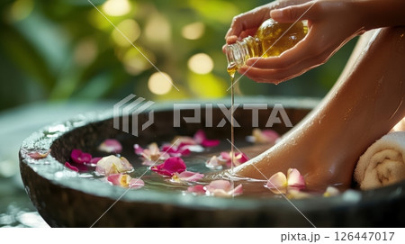 Relaxing foot spa with petals, young female enjoys serene aromatherapy session with floral elements and natural scents in tranquil setting. Spa accessory composition set in spa hotel 126447017