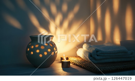 Warm candlelit ambiance in spa setting with ceramic lantern casting shadows beside towels for relaxation and serenity. Spa accessory composition set in spa hotel 126447019