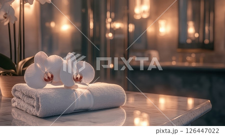 Elegant white orchids on a rolled towel in a luxurious bathroom with soft lighting and marble countertops create a spa-like ambiance. Spa accessory composition set in spa hotel 126447022