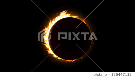 Solar eclipse with fiery sun flare, dramatic cosmic blackout scene. Perfect for astronomy visuals, science news, space articles, educational posters. Vector illustration. 126447132