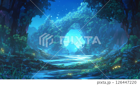 夜の岩のアーチの風景、アニメ風 126447220