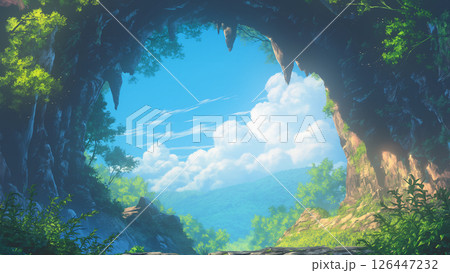 青空と岩のアーチの風景、アニメ風 126447232