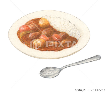 スプーンの添えられたカレーライス　手描き　 126447253