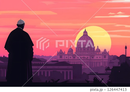 Silhouette of Pope Francis, pontiff, with St. Peter's Basilica in the background, vector digital illustration, morning or evening pink light 126447413