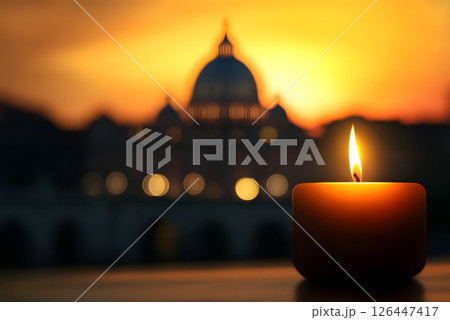 Vatican City, burning candle late at night with St. Peter's Basilica in the background, the death of the pope pontiff, grief and pain of loss 126447417