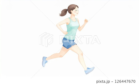 ランニングする女性のイラスト 水彩風 AI生成素材 126447670