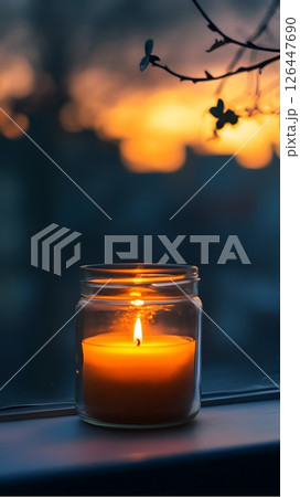 Vertical photo with a burning candle on the windowsill, power outage, dark autumn night cozy atmosphere 126447690