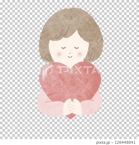 Girl holding a red heart, pink, watercolor, no main line 126448041